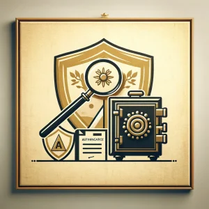 Valoración y Seguro de Arte - Símbolos de Lupa, Protección y Autenticación